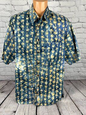 Vtg 90s Straight Down Blue Aloha Hawaiian Shirt Men L Palm Trees Made in USA